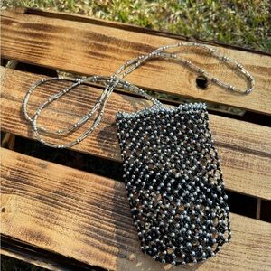 Beaded Phone Holder Beads‎ in Mesh Pattern Crossbody Black Silver